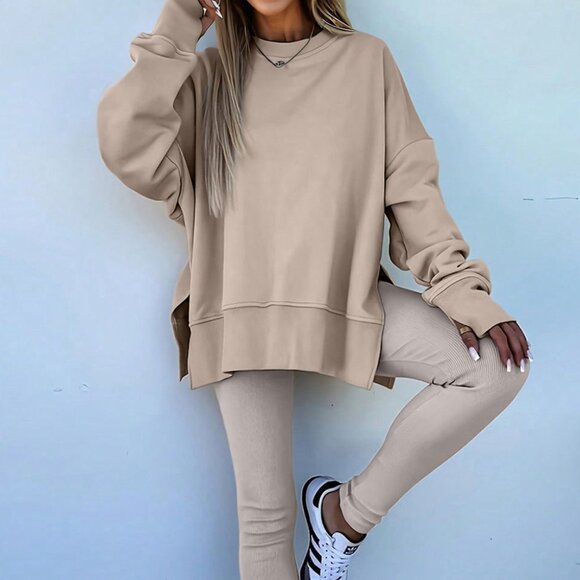B326 Tan Solid Color Oversize Slit Sweatshirt and Ribbed Leggings 2 pc Set - Picture 1 of 5